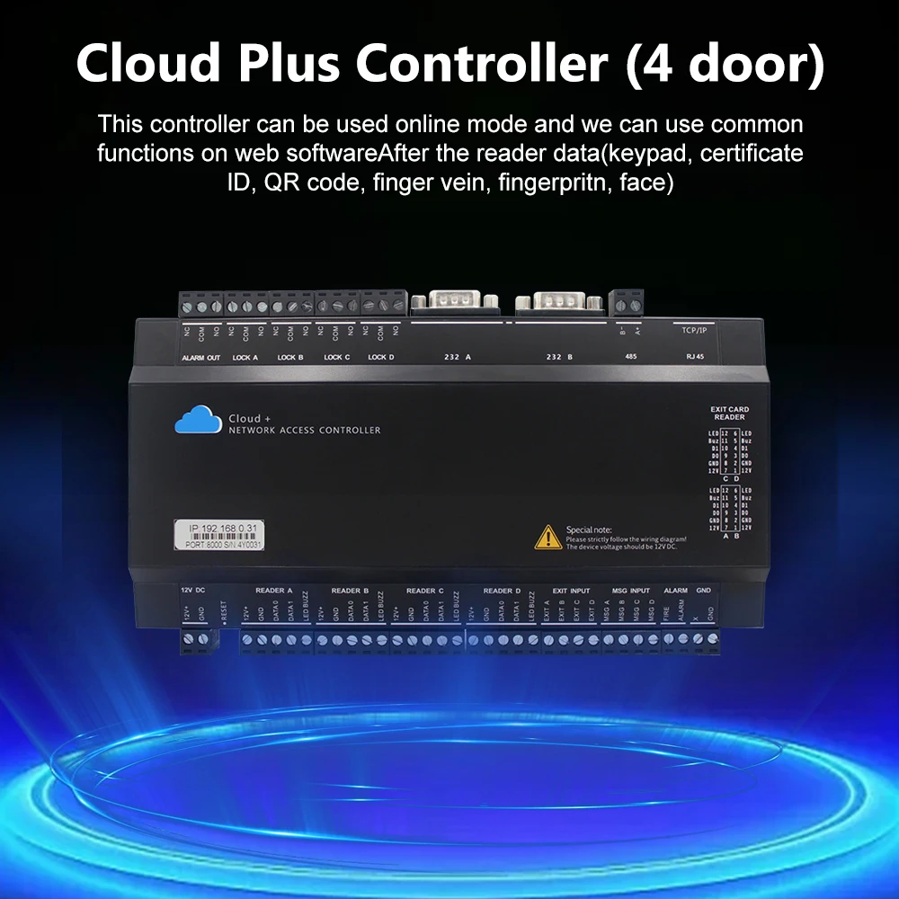 WAN WEB Network Door Access Controller supporta 4 porte 8 lettori di schede Wiegand ingresso allarme TCP IP MQTT protocollo HTTP Cloud Server