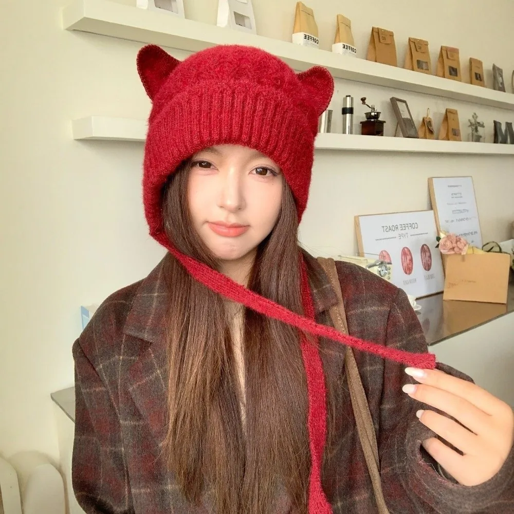 Korean Style Windproof Cat Ear Knit Hat Warm Knitted Skin Friendly Soft Beanie 3D Cat Ear Stretchy Fit Head Cover Walking