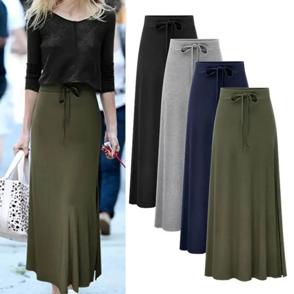 Women Skirt Solid Color Lace-up Party Skirt Summer Autumn Slit A-Line Maxi Skirt Streetwear