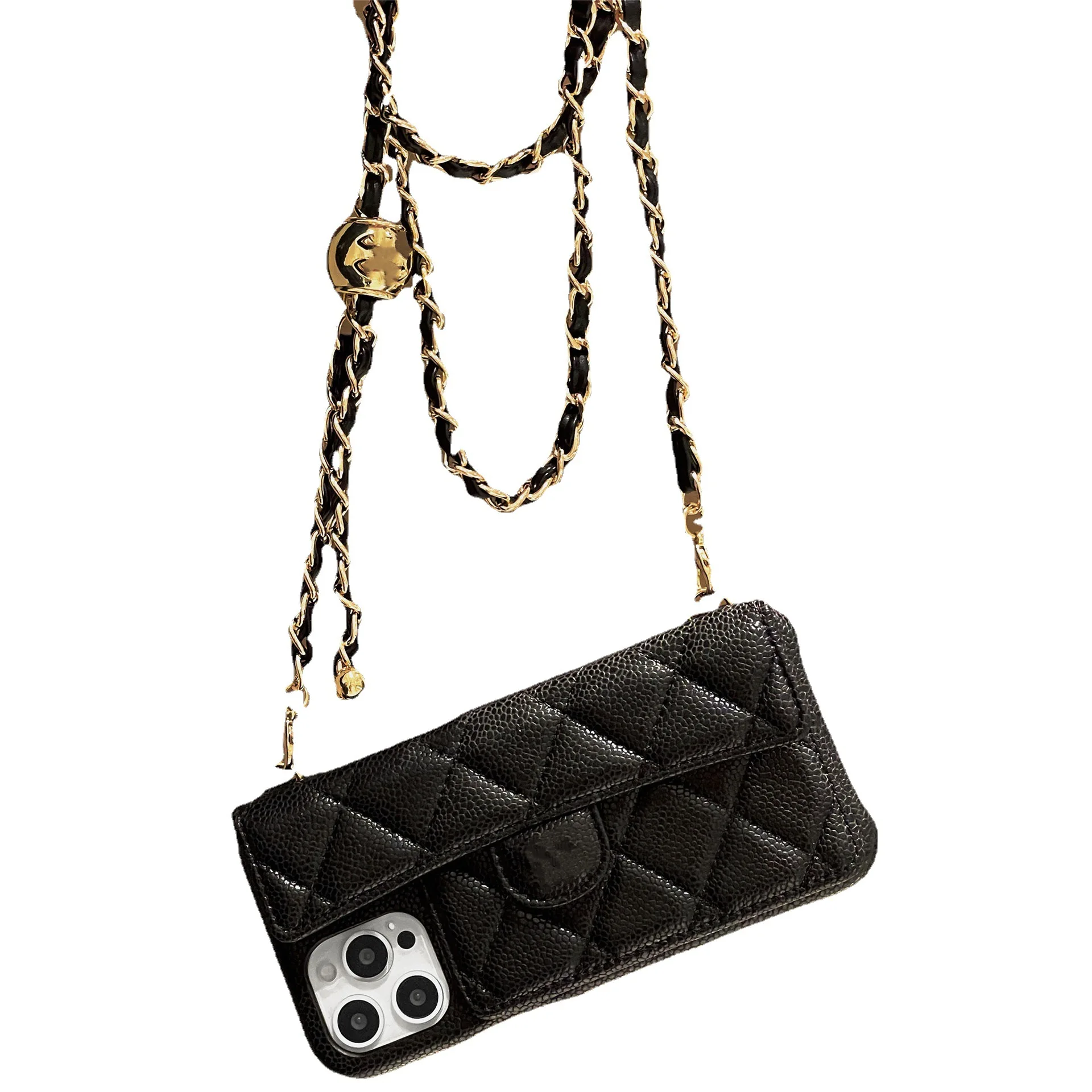 Chain with Phone Case  Model12/13/ 14/15 phone cases with crossbody straps and small golden ball Hanging rope crossbody  Shell