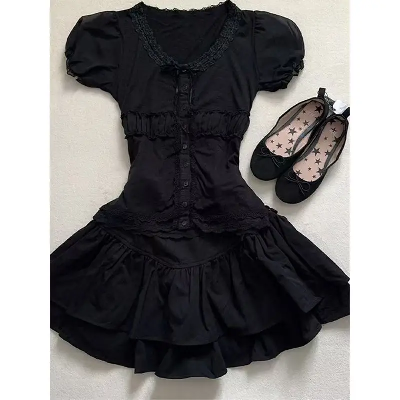 Robes 2 pièces t-shirt dentelle croix Goth Grunge robe de soirée femmes Punk robe d'été Y2k 2000s douce fille taille haute jupe courte