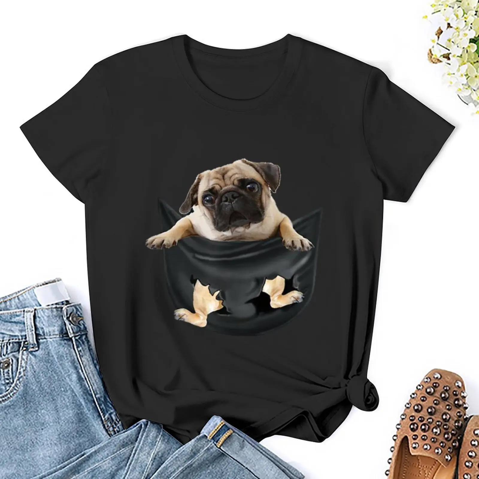 Dog Lover Shirt Pug Dog in Pocket Cute Dog Lover T Shirt Graphic Shirt Casual Short Sleeved Female Tee T-Shirt Size S-4XL