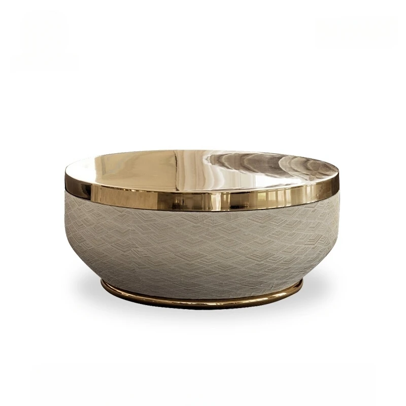 

Luxury coffee tables villa gold stainless steel white round coffee table modern center table for the living room furniture