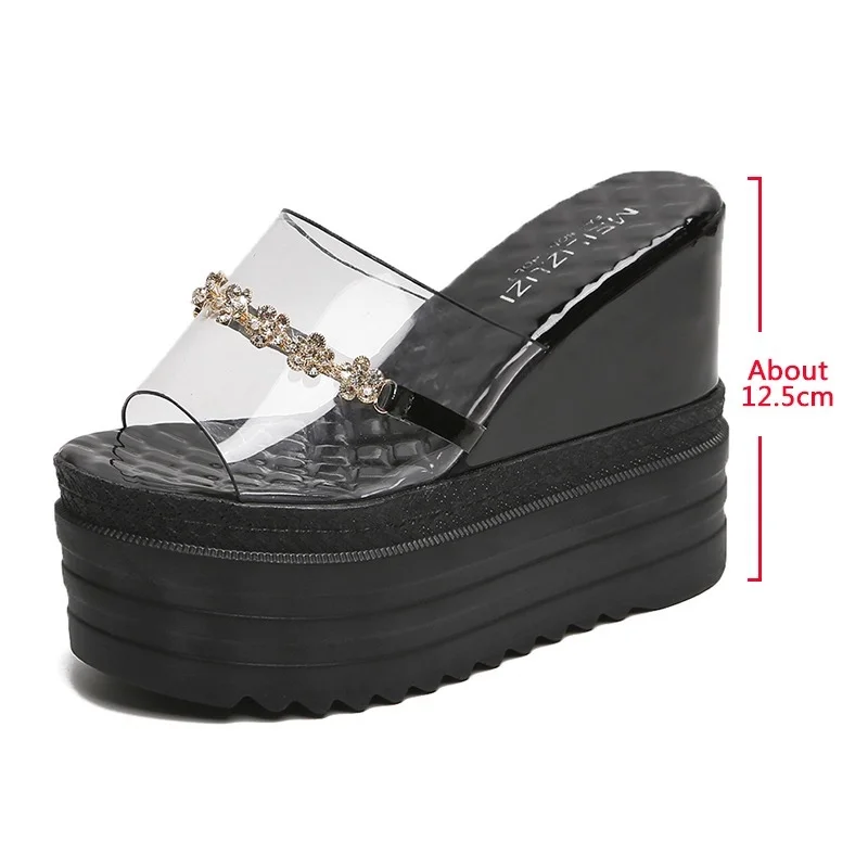 White Slipper Women\'s 2022 Summer Fashion Platform Sequined Slippers Slope Heels Woman Shoes Rhinestone Transparent Wedges Slide