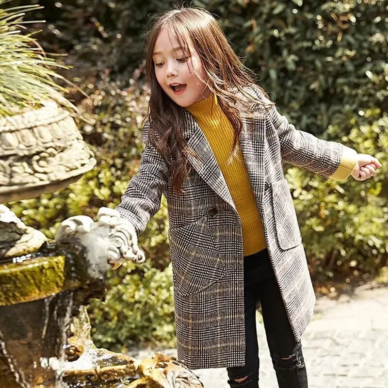 2024 Spring Kids Girls Overcoat Fashion Wool Coat Teenage Elegant New Long Casual Warm Outerwear Children Plaid Lapel 3-12Y