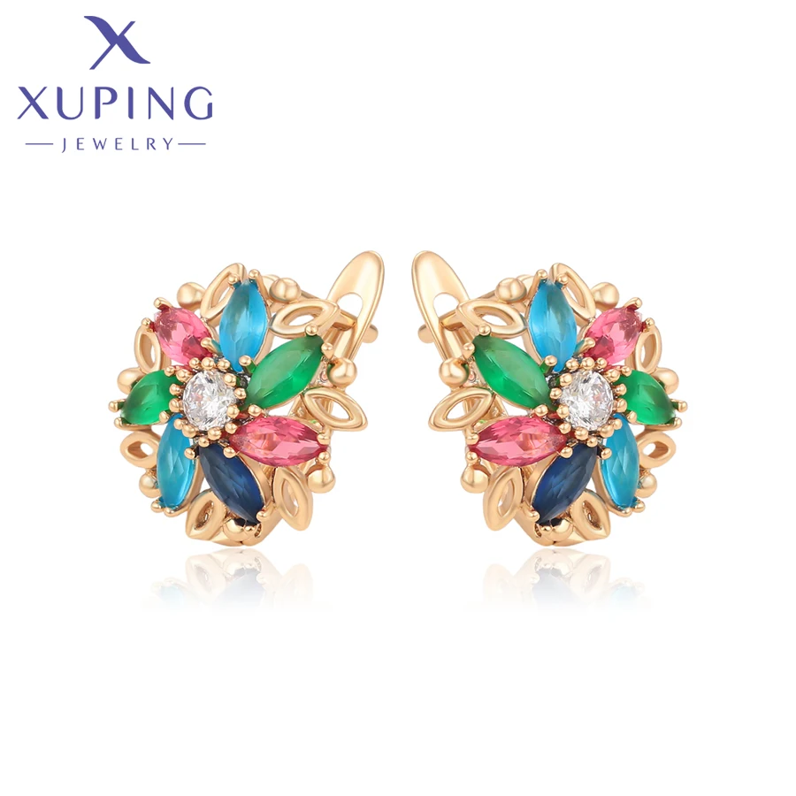 Xuping Jewelry Fashion Women Huggies Earrings with Colorful Flower Shaped Synthesis Cubic Zirconia 98251