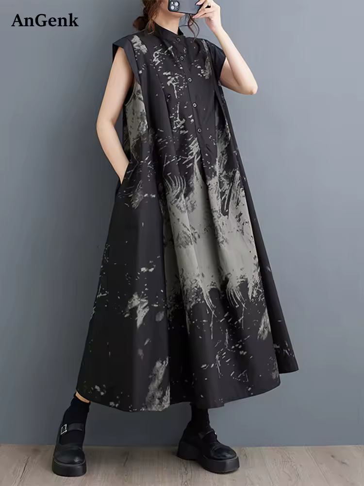 2026 Summer New Black Vintage Print Sleeveless Dresses For Women Stand Collar Loose Casual Long Dress Fashion Elegant Clothing