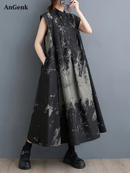 2026 Summer New Black Vintage Print Sleeveless Dresses For Women Stand Collar Loose Casual Long Dress Fashion Elegant Clothing