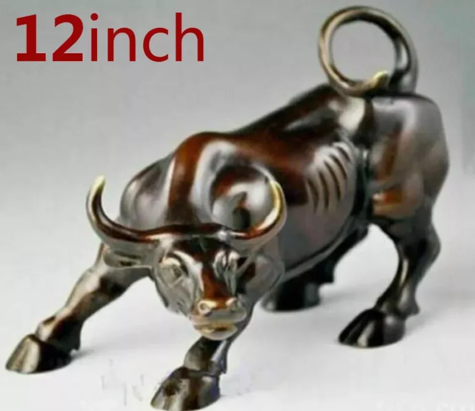 

Big 12inch 30cm Figurine Wall Street Bronze Fierce Bull Cattle Antique Statue