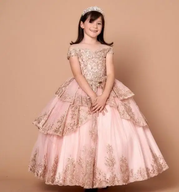 Gaun Mini Quinceanera merah muda gaun pesta gaun Tulle bahu terbuka gaun gadis bunga applique untuk kontes pernikahan bayi