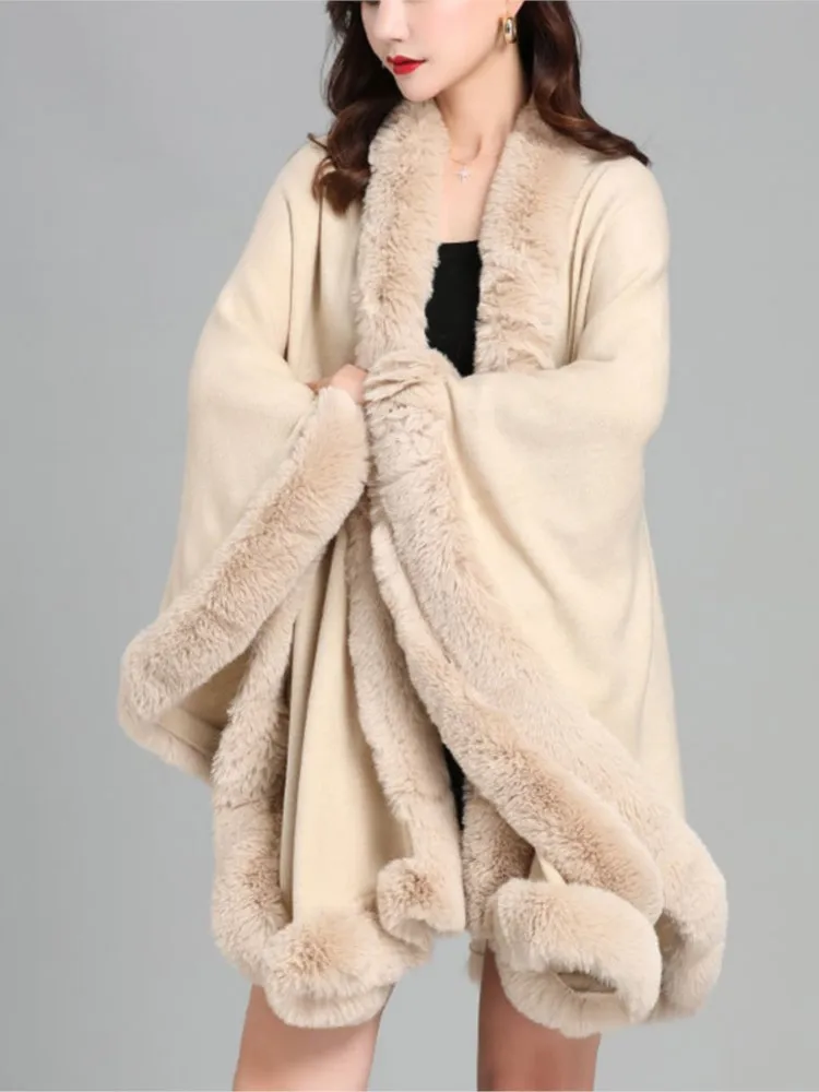 Korean Style New Imitation Rabbit Fur Collar Faux Cashmere Loose Ponchos Women Capes Coat Elegant Beige Apricot Cardigan Cloak