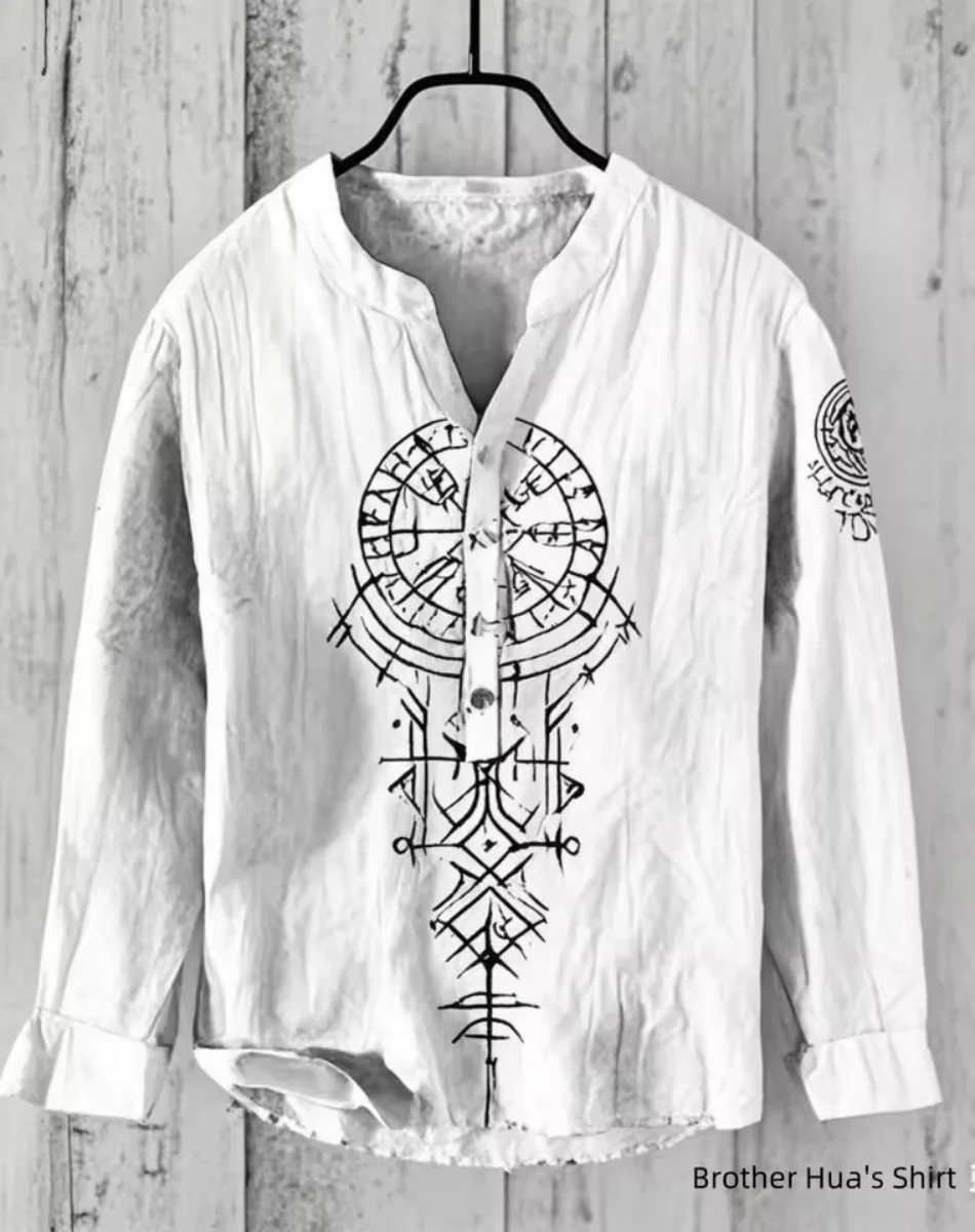 

Fashionable new men's linen V-neck shirt Hawaii vacation long sleeved shirt 3D printed pattern comfortable and breathable men's