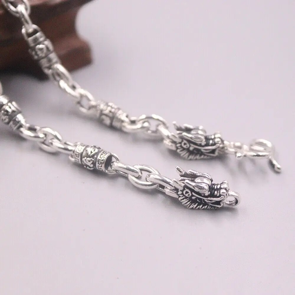 Real 999 Fine Silver 6.5mm Six-Word Sutra Tube Link Chain Dragon Head Necklace