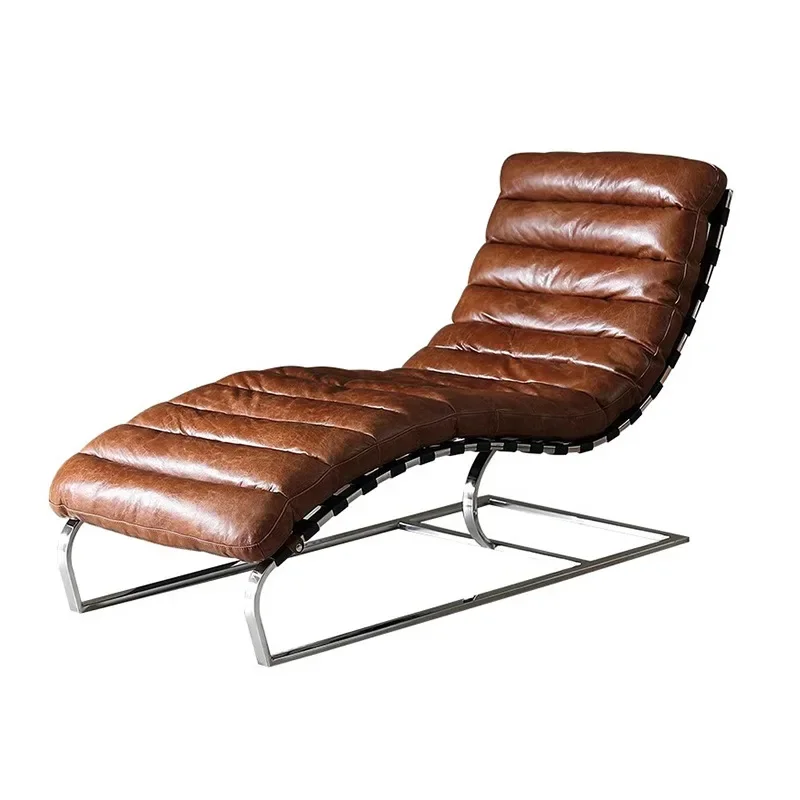 

Medieval style lunch break recliner oil wax leather balcony Corbusier leather leisure sofa