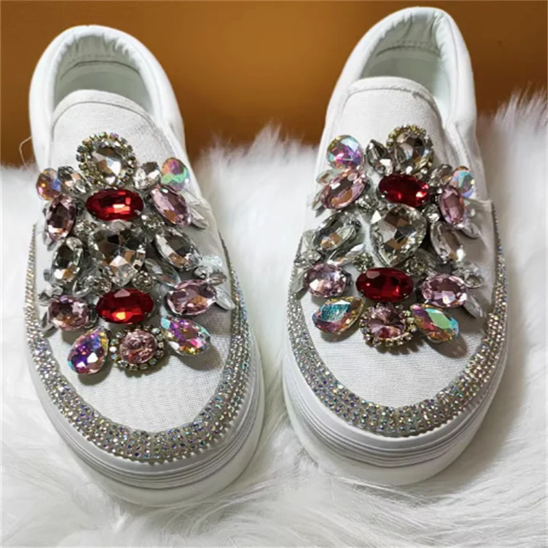 Thick bottom gemstone Crystal accessories Wedding party canvas shoes handcrafted shallow mouth sports women\'s shoes 35-40
