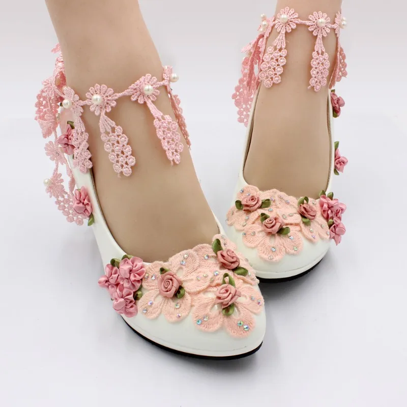 Women Pumps PU Lace 3 5 8 CM Thin Heels New Flower Decoration Round Head Lacquer Leather Wedding Bridal Dress Shoes Woman Shoe