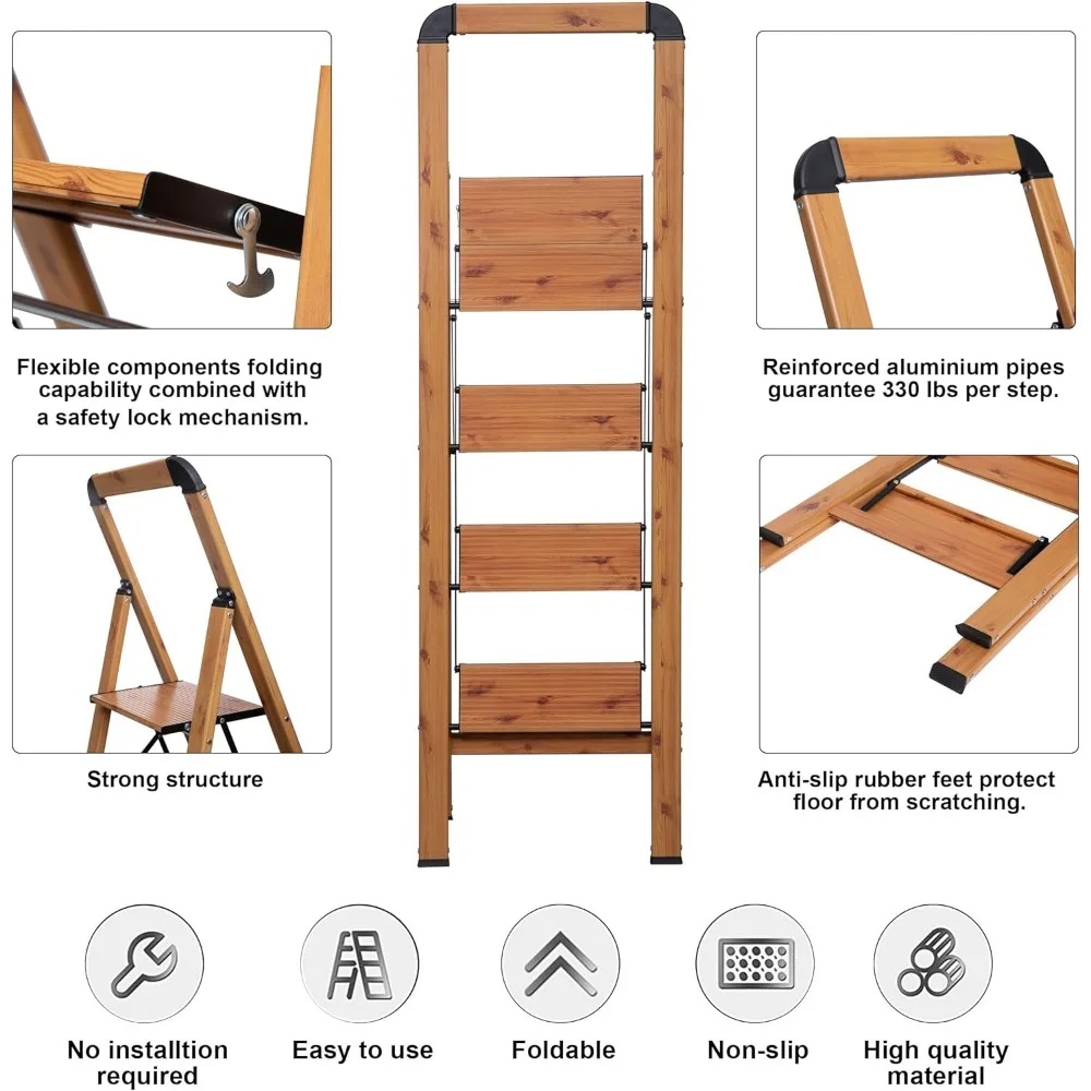 Tangga Lipat Aluminium 4 Langkah dengan Finishing Kayu, Pedal Lebar, Anti-Selip, Portabel, Kokoh untuk Rumah & Dapur Kantor.