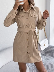 Autumn Winter Casual Solid Color Corduroy Single Breasted Lace Up Dress Khaki Black Red Women Clothing