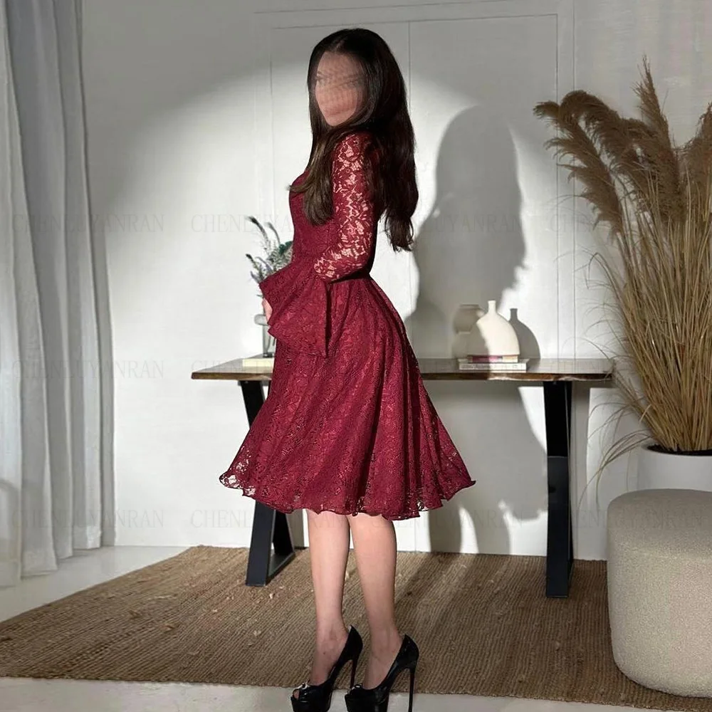 Burgundy V-Neck Formal Occasion Dresses 2024 Long Sleeves A-line Short Ball Gowns Lace Sexy Evening Party Gown فساتين الحفلات