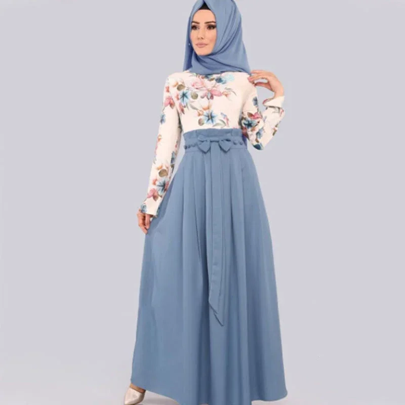 A Fashion female abaya Turkish Islamic ruffle pleated hijab dress floral print women robe musulmane kaftan hijab Muslim long dre