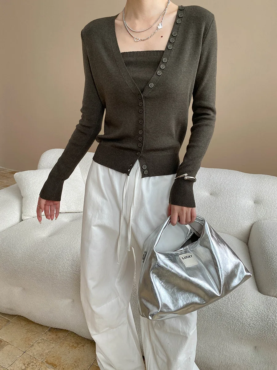 

Весенне-осенний удобный вязаный кардиган без рукавов, комплект из двух предметов, свитер, топ