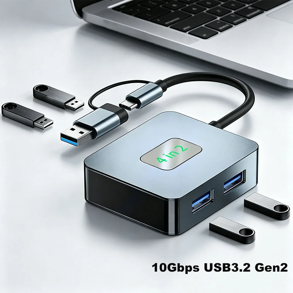 10Gbps USB3.2 Gen2 Type C 4-Port Hub USB-C to 4×USB3.2 Docking Station for MacBook Pro Air Chromebook Notebook Laptop Desktop PC