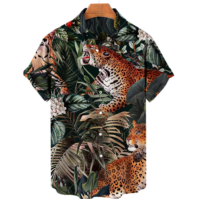 Animal Leopard Graphic Shirts for Men Clothing 3D Print Hawaiian Beach Shirts Short Sleeve y2k Tops Vintage Clothes Lapel Blouse