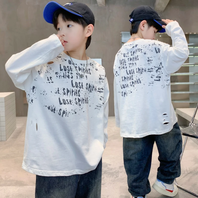 Fashion Children Goods Spring Kidswear For Boys Long Sleeve Cotton Ripped T-shirt with Hole Kids Causal Tshirt Outerwear 5-14 Y