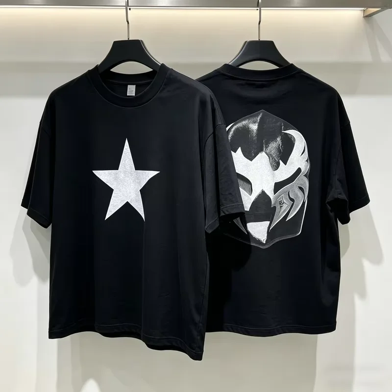 2026 Chest Five-pointed Star Embroidery T-shirt Black Mask Graphic Unisex Short Sleeve Loose Streetwear Cotton Tops