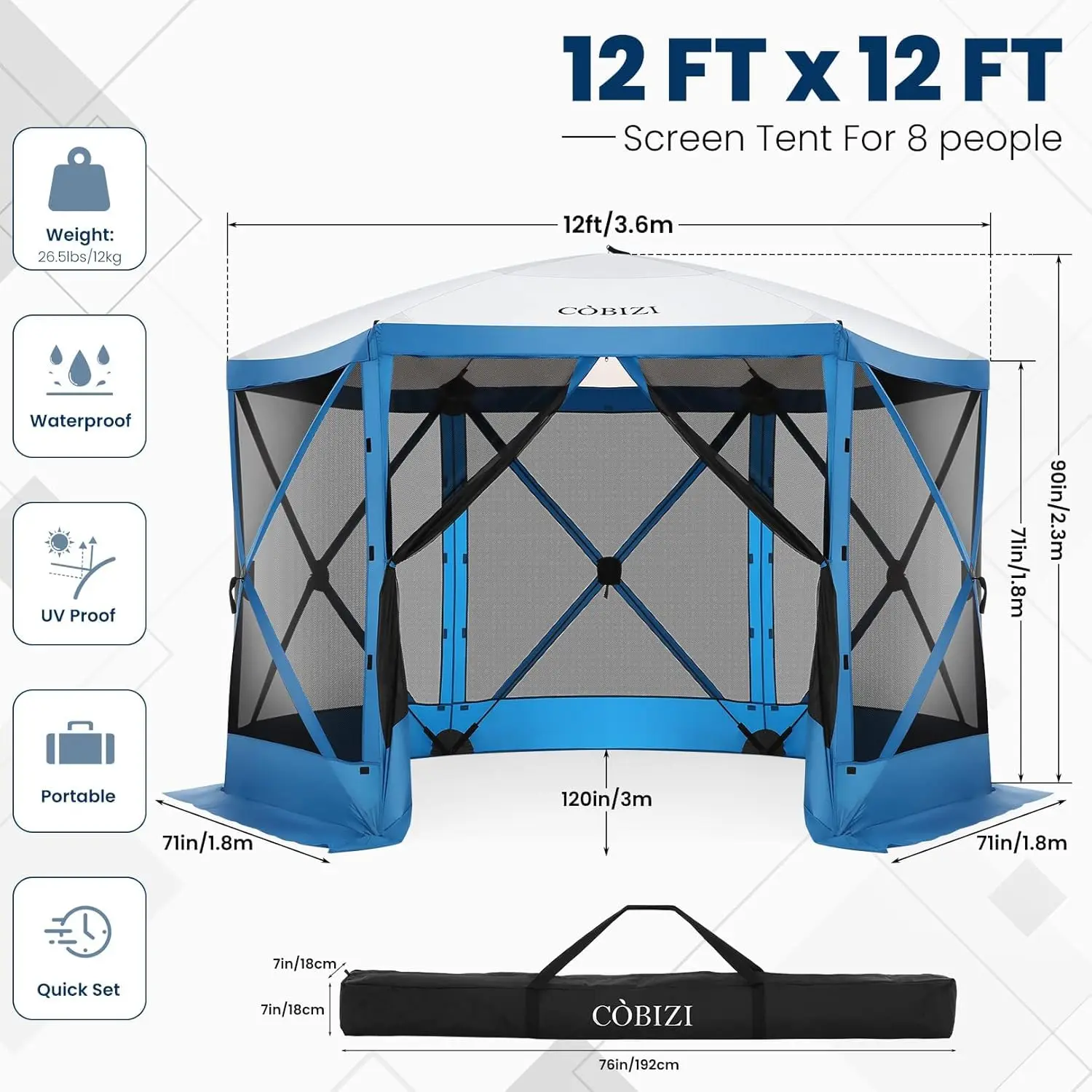 12x12 Pop Up Gazebo, Screen Tent with Carry Bag & Stakes, Blue, Customized