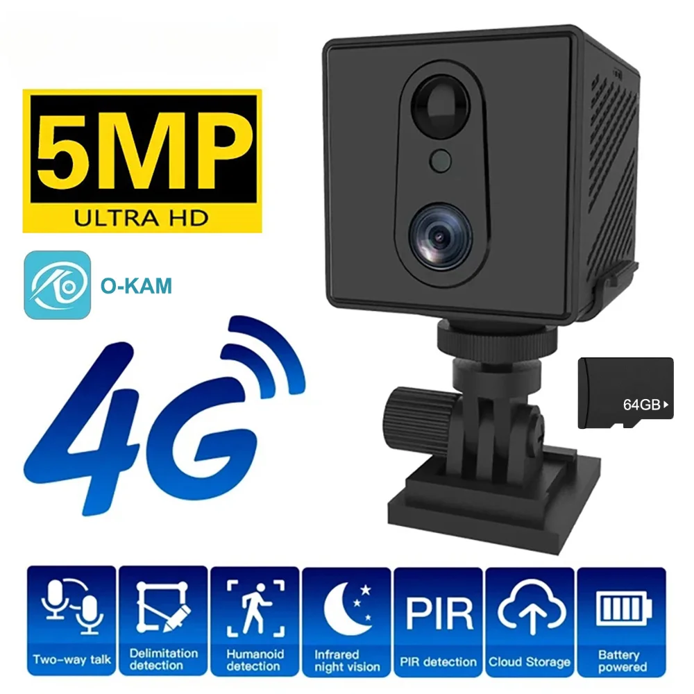 64GB 4G SIM Kart Mini Kamera 5MP 3000mAh Pil Kablosuz Wifi Gece Görüş Hareket Algılama CCTV İki yönlü ses IP Kamera