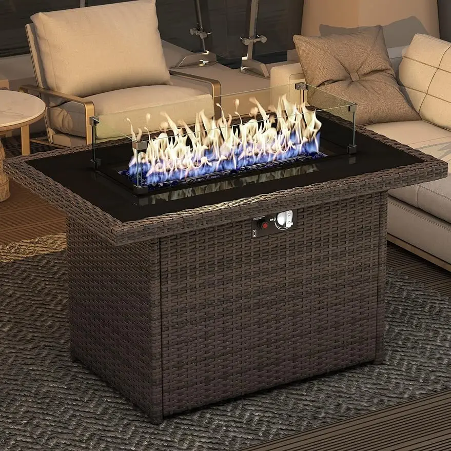 Propane Fire Pit Table, 44 Outdoor Gas Fire Pit with Glass Wind Guard & Waterproof Cover