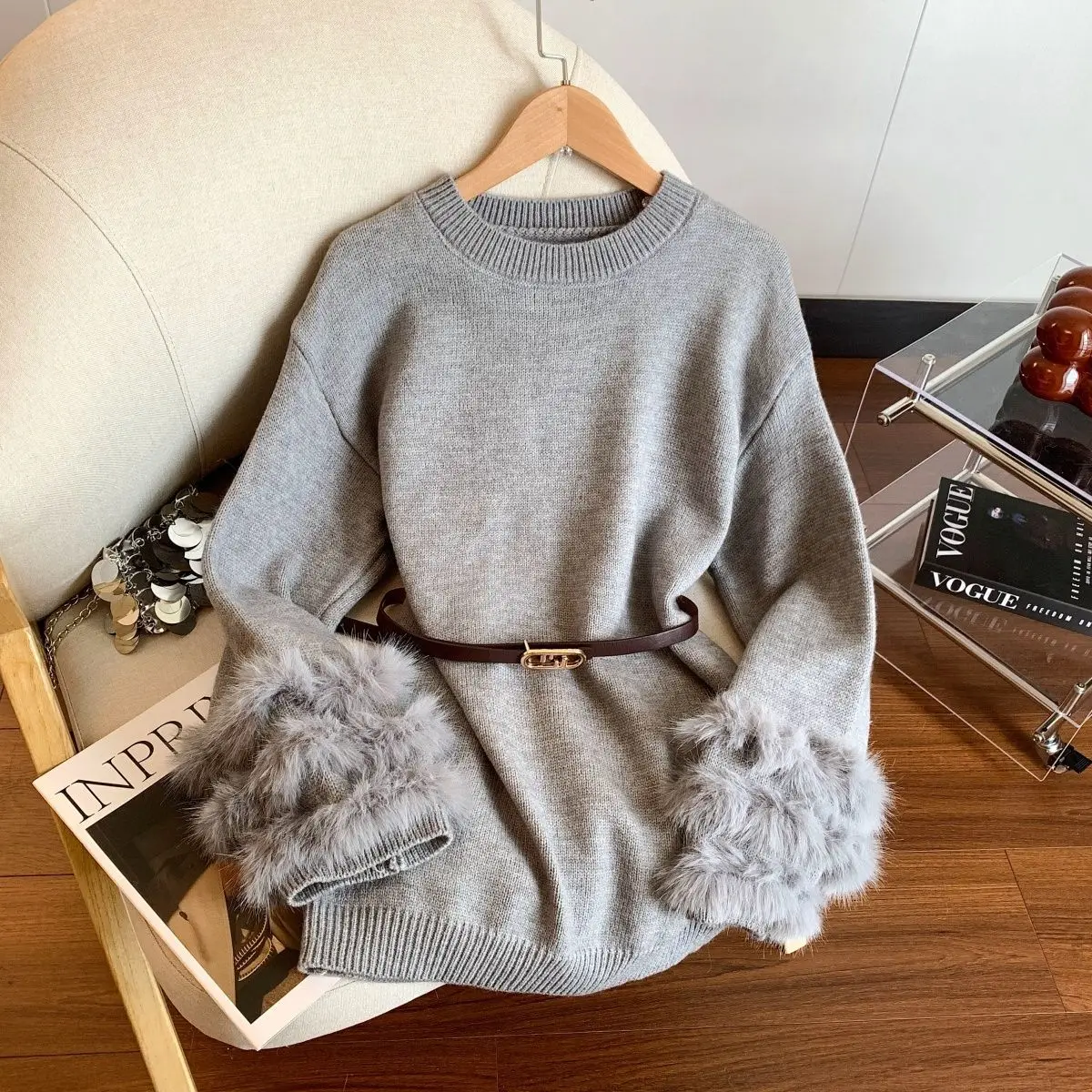 

Fashion Mao Mao Stitching Pullover Female 2025 Autumn Winter New Loose Knitted Sweater Women Loose Long Sleeves Sweaters