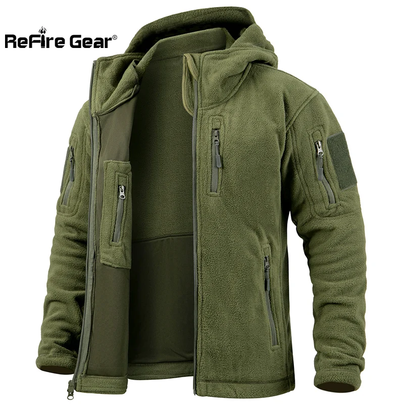 Men's Tactical Fleece Jacket Winter Warm Full Zip Hooded Jacket Multi-Pockets Hunting Hiking Outdoor Hoodies Outerwear Coat