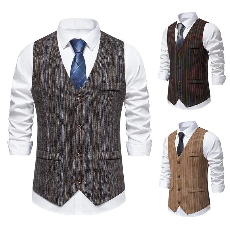 

Men Suit Vest Herringbone Fabric Stripe Waistcoat Business Casual Turndown Collar Men's Formal Party Dress Blazer Vests V13