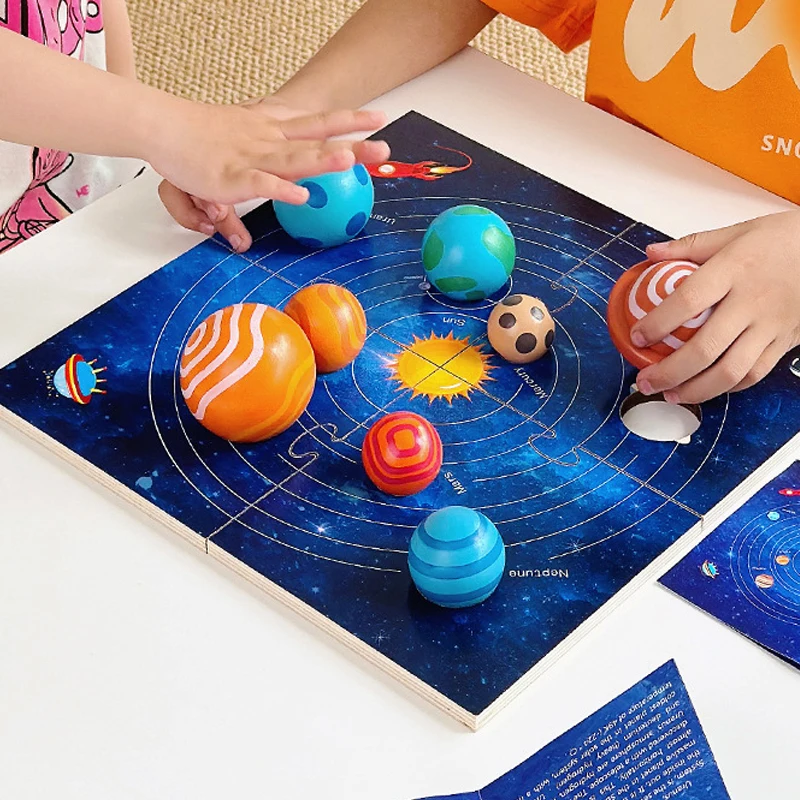 Baby Montessori Wooden Early Education Toys 3D Eight Planets Puzzle Toy Universe Cognition Solar System Planet Matching Board