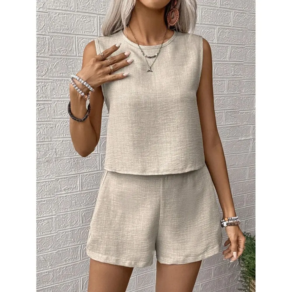 Lässiges einfarbiges Westen-Shorts-Set, schlichtes Design, ärmelloses Top-Set in mehreren Größen, lässiges Outfit-Set, Freizeitkleidung – Detail 8