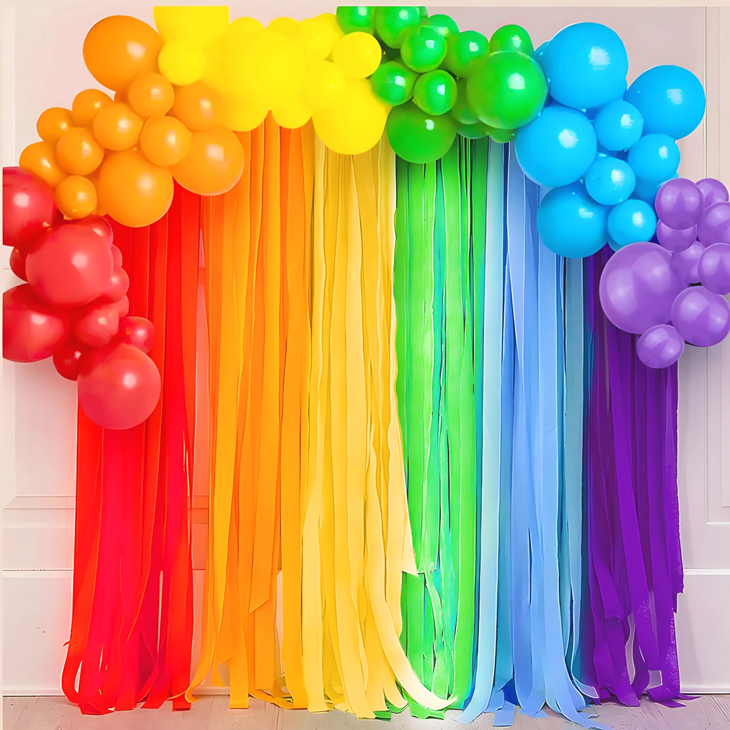 Rainbow colored balloon set with 6 rolls of ribbons, suitable for birthdays, baby showers, weddings, carnivals, hen parties