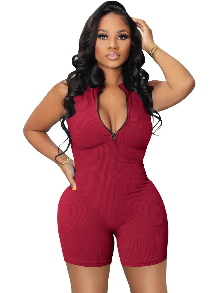 

Szkzk Sexy Knit Zip Up Playsuits Women Ribbed Bodycon Jumpsuit Night Club Wear Rompers Party Evening Clubwear Jumpsuits Shorts