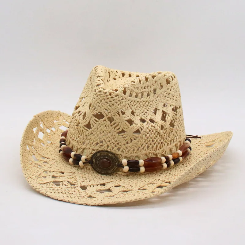 Summer Bohemian Beach Panama Hat, Crochet Straw Cowboy Sun Hat with Shell Beads  Hollow Out Wide Brim UV Protection for Women