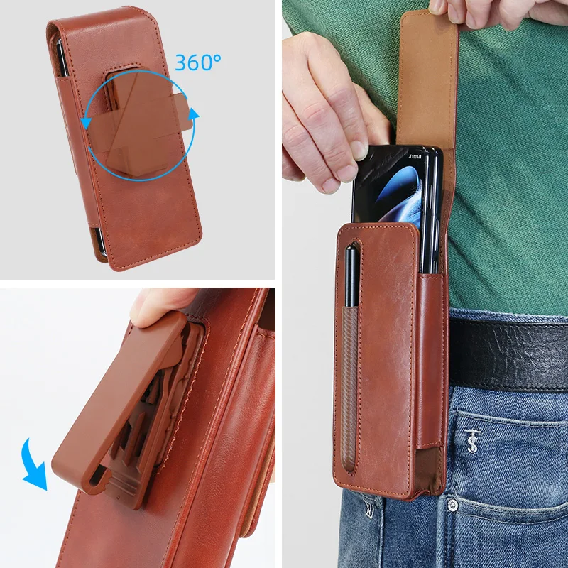 Vietao-Z Fold 5 6 Universal Leather Phone Belt, Waist Bag for Samsung Galaxy Z Fold 4 3, Cell Phone Case, Purse with Pen Slot