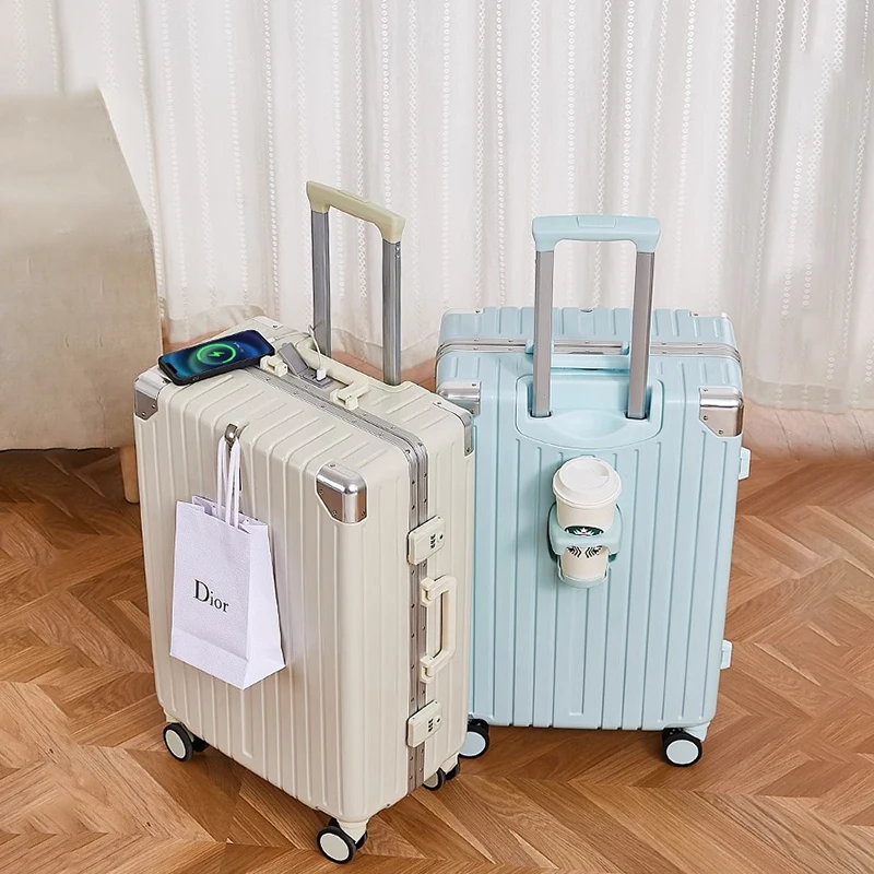 Luggage USB Cup Holder Suitcase Aluminum Frame Unisex Suitcases Travel Carry-on Travel Bag Rolling Luggage Password Trolley Case