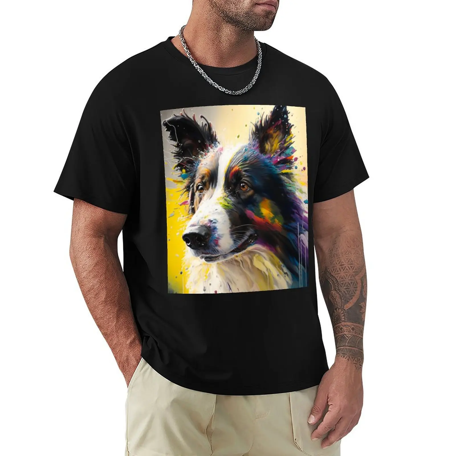 Border Collie Synesthetic Splash Painting Art T-Shirt cotton graphic tees designer shirts shirts graphic tee men