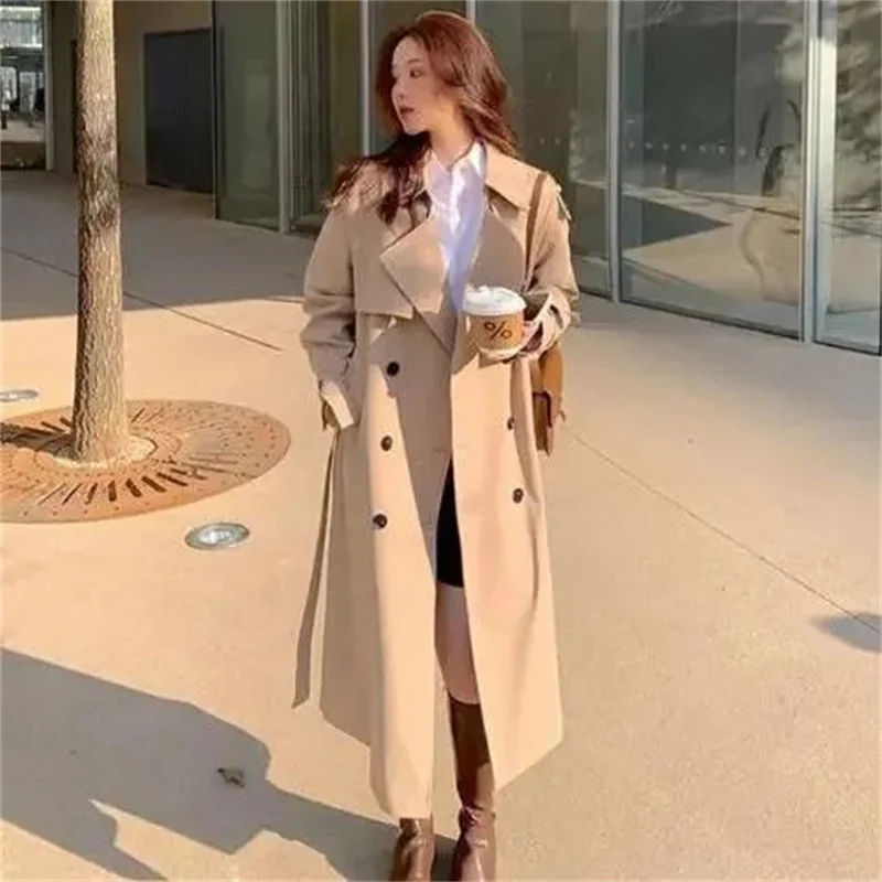 Khaki Women's Windbreaker 2026 Spring Autumn New British style Temperament Slim Coat With belt Lady Casual Medium long Overcoat