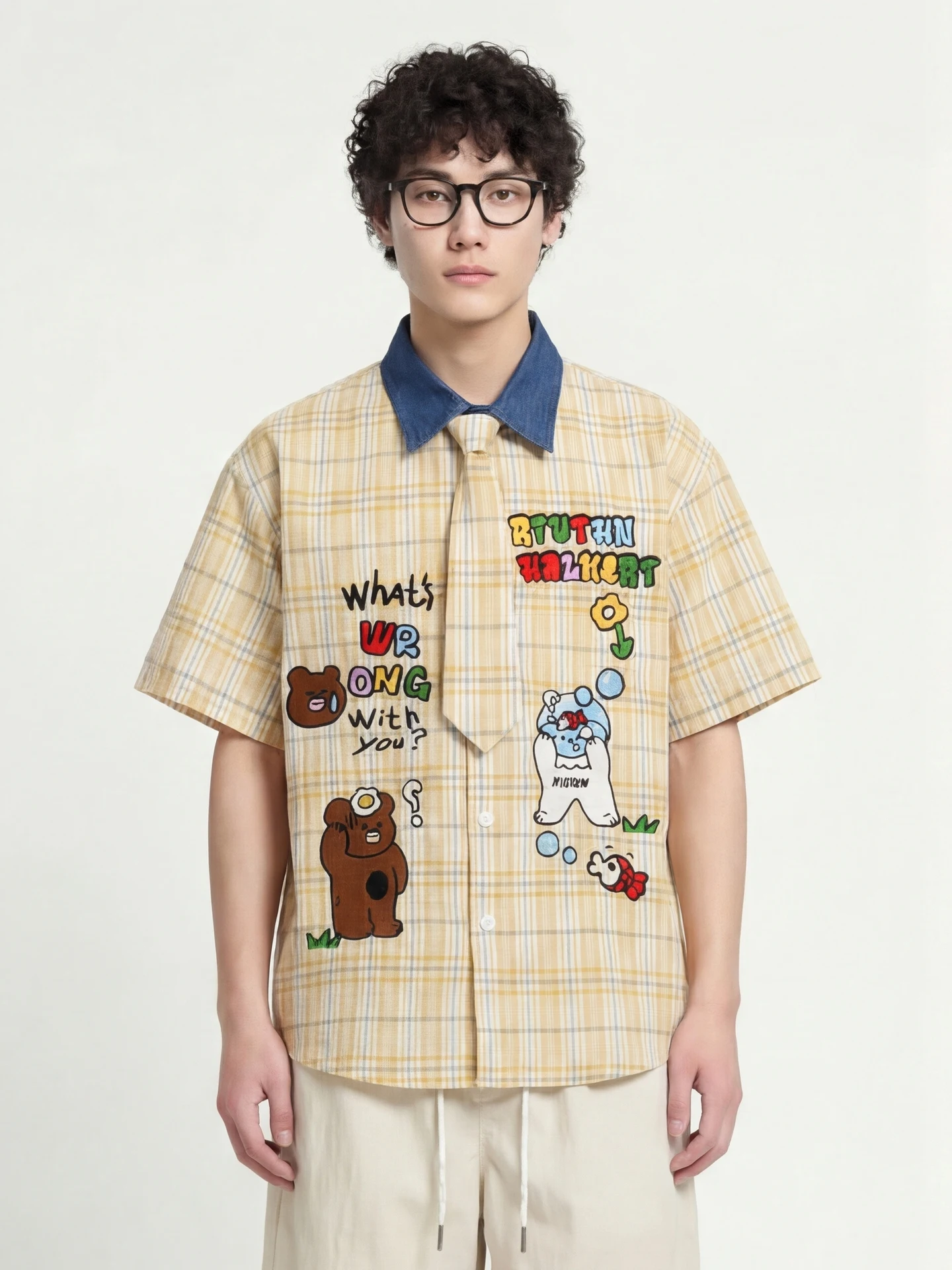 

Loose Summer ort Sve Plaid irt Color Blo Collar Detachable Men's Casual Breathable Cotton Polyester Blend from