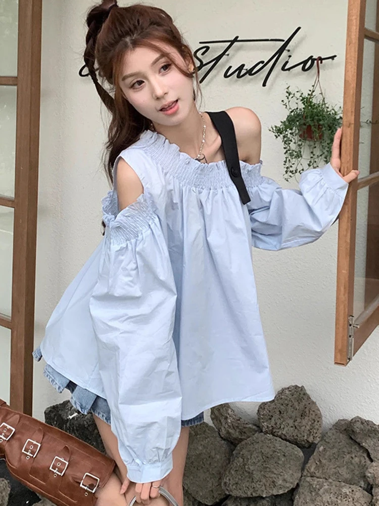 

Jmprs Sexy Off Shoulder Shirt Women Loose Fashion Sweet Long Sleeve Blue Blouse Korean Elegant Hollow Out Skew Collar Chic Tops