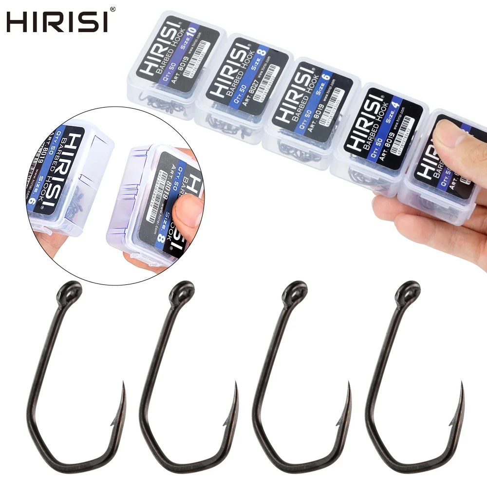 Hirisi 50/100 Piezas Anzuelos de Pesca de Carpa con Ojo y Púas, Recubiertos de PTFE, Acero con Alto Contenido de Carbono, Anzuelos para Pesca en Agua Dulce 8019, Accesorios de Pesca