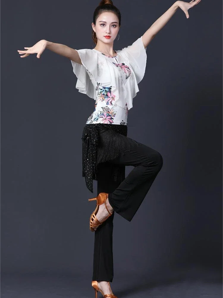 New Ruffled Latin Dance Costume Women Printed Square Dance Tops Women Ballroom Dance Clothes Performance Practice Clothes