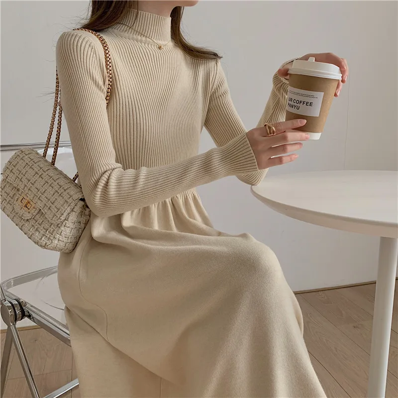 Knitted Sweater Dresses for Women Party Clothing Half Turtleneck Autumn Winter 2022 Midi Dress A-Line Vintage Casual Loose Warm