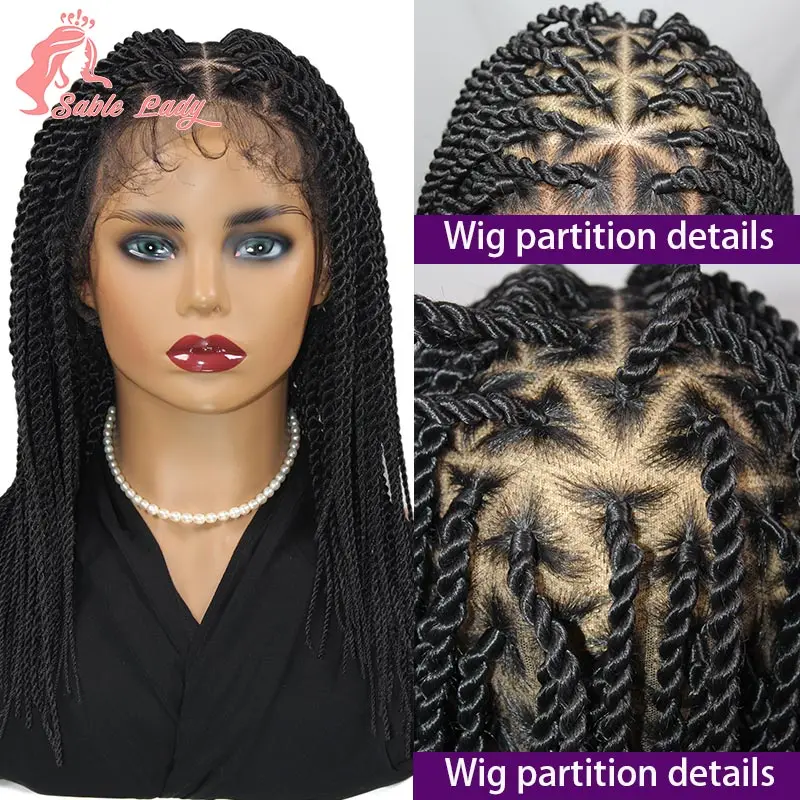 Peruca de caixa trançada sintética para mulheres negras, peruca frontal cheia de renda, faux locs, perucas tranças deusa, torção